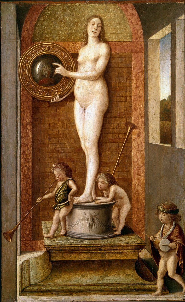 Varovaisuuden (tai vaniitin) allegoria. Giovanni Bellinin (n. 1432-1516) maalaus puulle sanoi il Giambellino 1490 noin. Koko 34x21 cm Venetsia, Accademia Galleries tekijältä Giovanni Bellini