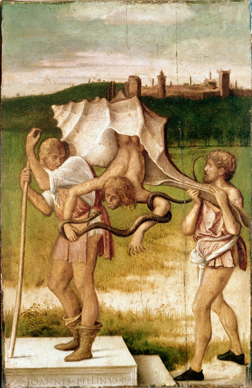Allegoria medianssista tai kateudesta Jättiläiskuoren hahmo, käärme kietoutuu kätensä ympärille, Giovanni Bellinin puumaalaus dit Giambellinon (1425/1433-1516) 1480-1490 Venetsia, Gallerie dell
