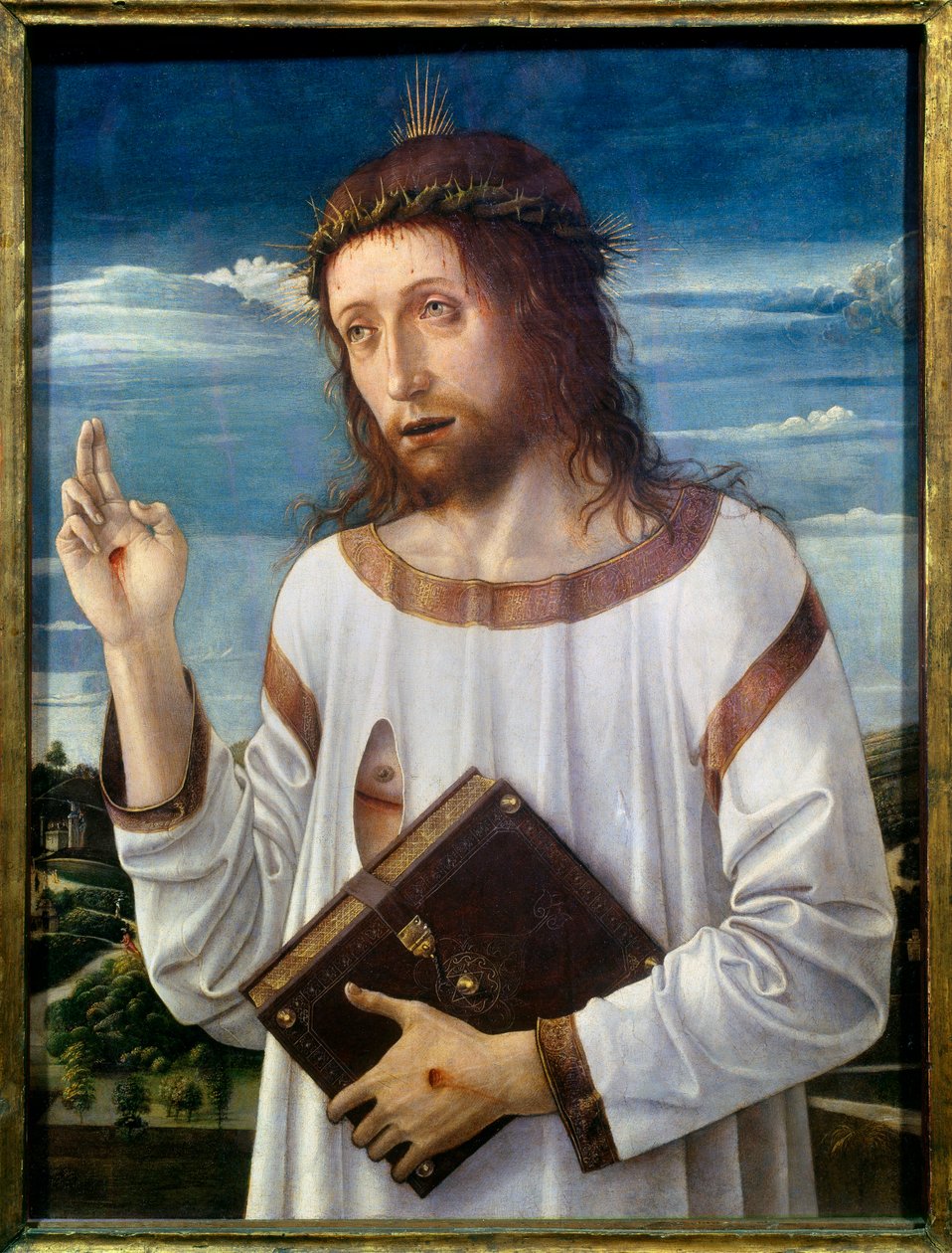 Giovanni Bellini dit il Giambellino (1430-1516) Kristus-penkkimaalaus 1460 su.0,58x0,46 m - Kristuksen siunaus. Giovanni Bellinin maalaus nimeltä Giambellino (1430-1516) 1460. 0,58 x 0,46 m. Louvre-museo, Pariisi tekijältä Giovanni Bellini