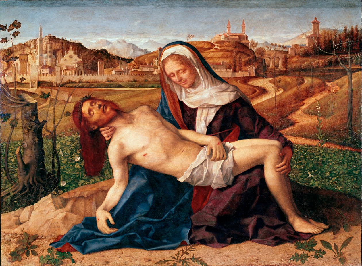 Kristus kuoli Neitsyt Pietan käsivarsissa. Giovanni Bellinin maalaus dit il Giambellino (1432 n.-1516) 1505 Mitat 65x90 cm. Venetsia, Accademia Galleriat tekijältä Giovanni Bellini