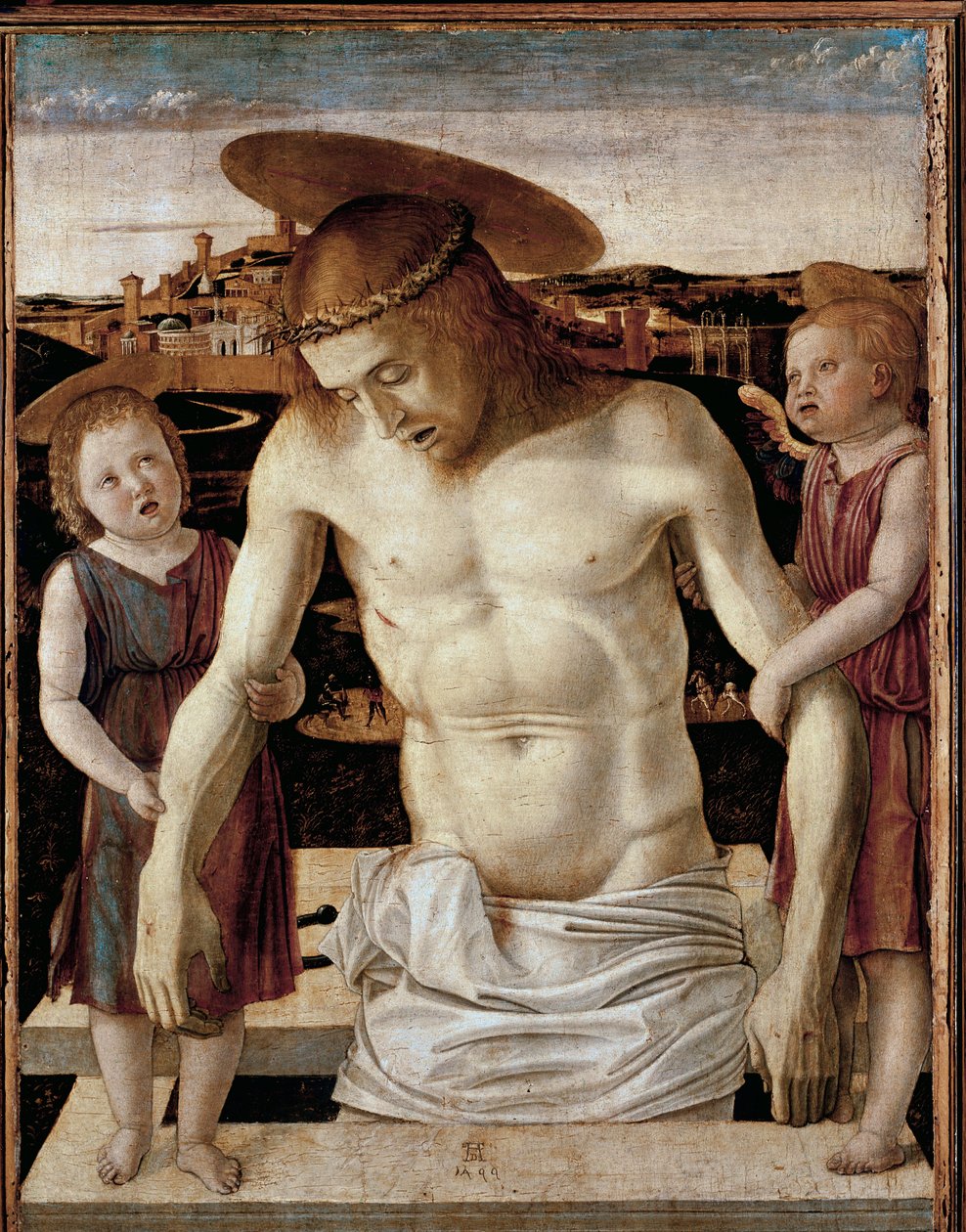 Kuollut Kristus kahden enkelin kanssa (tempera paneelissa tekijältä Giovanni Bellini