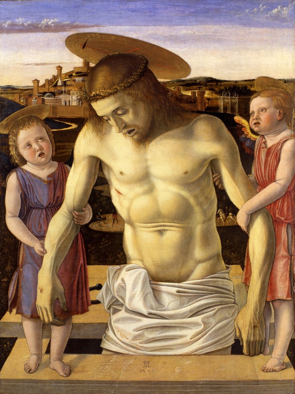Italialainen:  Cristo morto sorretto da angeli Kuollut Kristus kahden enkelin tukemana tekijältä Giovanni Bellini