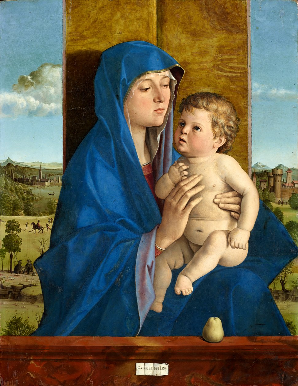 Italian kieli: Madonna col Bambino (Madonna di Alzano) Madonna päärynän kanssa. tekijältä Giovanni Bellini
