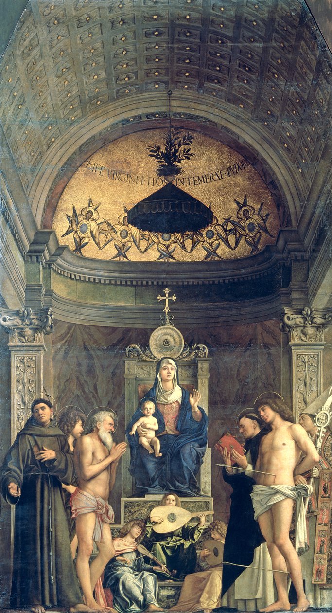 Madonna ja lapsi istuivat SS:n välissä. Franciscus, Johannes Kastaja, Job, Dominic, Sebastian ja Louis (San Giobben alttaritaulu) n. 1487 (katso yksityiskohdat 61101 ja 276359) tekijältä Giovanni Bellini