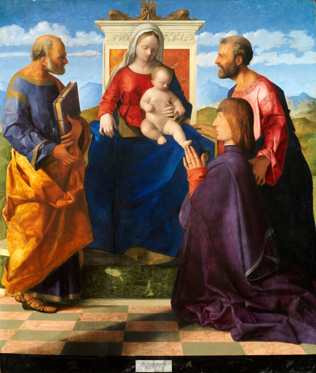 Madonna ja lapsi valtaistuivat SS:n kanssa. Pietari ja Paavali ja lahjoittaja, 1505 tekijältä Giovanni Bellini