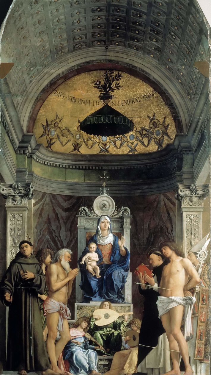 Madonna ja lapsi, musiikkienkelit ja pyhät Franciscus, Johannes Kastaja, Job, Dominic..., n. 1487 tekijältä Giovanni Bellini