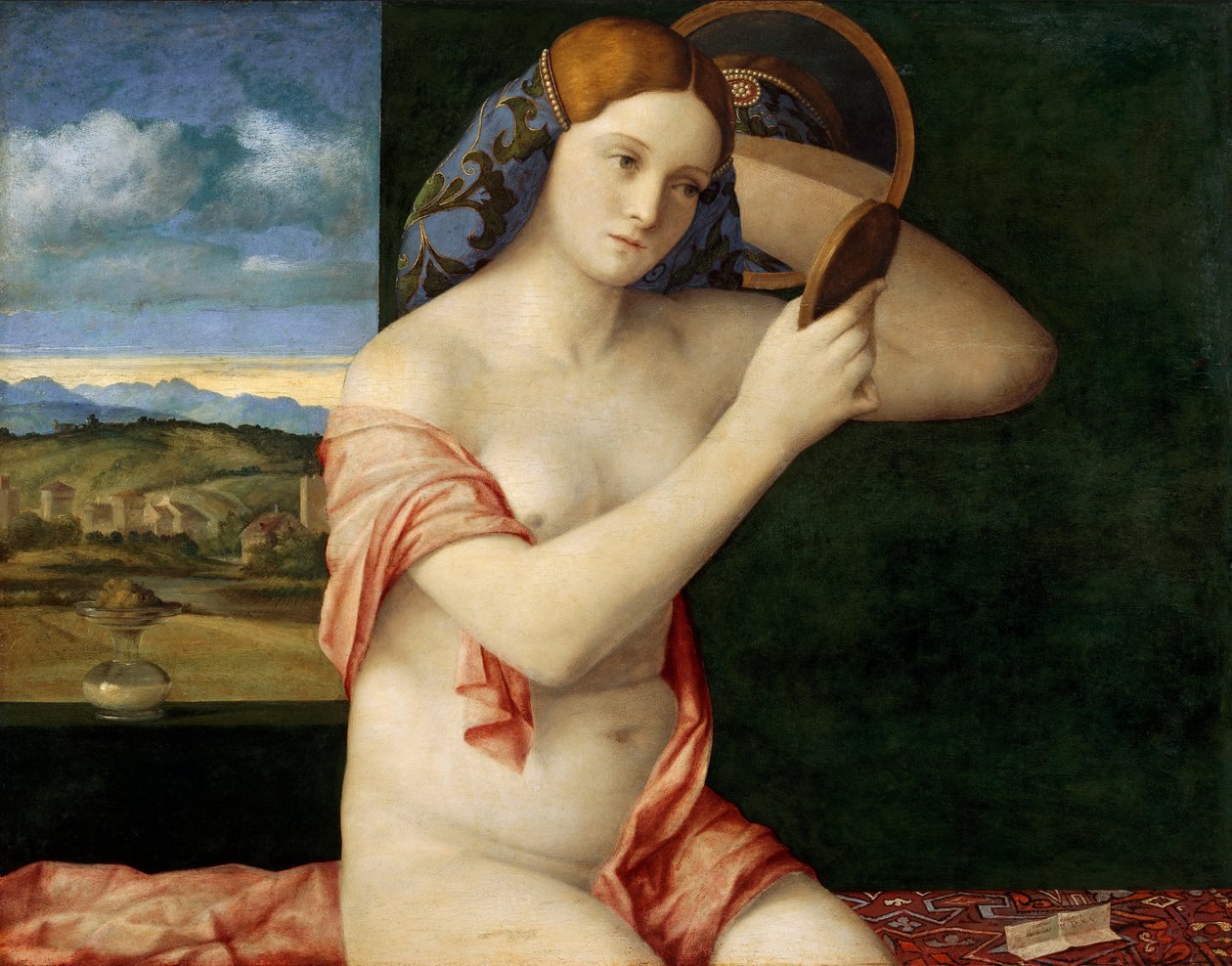 Alaston nuori nainen peilin edessä tekijältä Giovanni Bellini