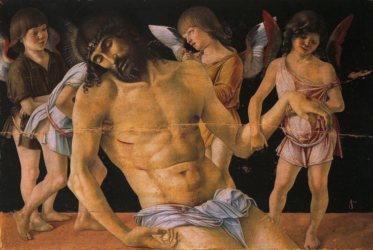 Pieta eli kuollut Kristus, enkeleiden tukema, n. 1474 (tempera paneelissa) tekijältä Giovanni Bellini