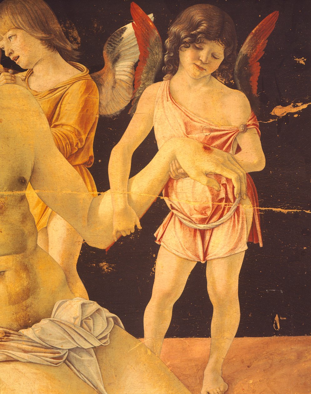Pietá ou Cristo Morto Sustentado por Anjos, ca 1474, de Giovanni Bellini (1431-36 - 1516), têmpera sobre painel, 91x131 cm. Detalhe.finlandês tekijältä Giovanni Bellini