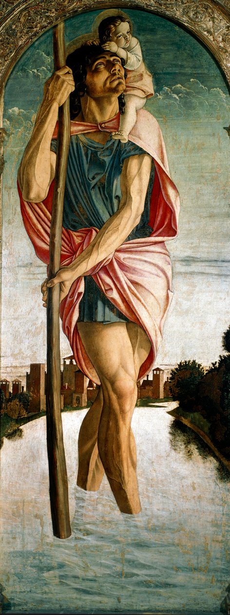 Saint Vincent Ferrierin polyptiikka (Vicent Ferrer, Vicente Ferrer) (1350-1419): "" Saint Christopher "" "Paneeli vasemmalla. Giovanni Bellinin (n. 1432-1516) maalaus puulle dit il Giambellino 1464-1468 su. 167x67 cm Venetsia, Santi Giovanni e P. tekijältä Giovanni Bellini