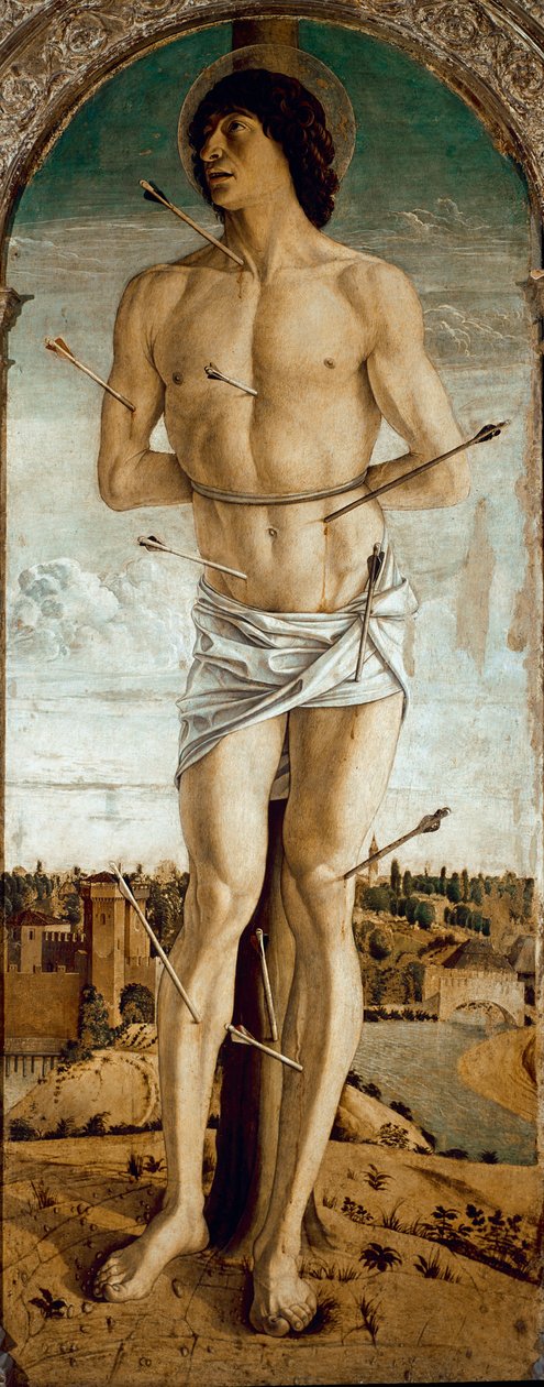Saint Vincent Ferrierin polyyptyykki: Saint Sebastian (St. Vincentin Ferrerin polyptyykki: St Sebastian) Giovanni Bellinin maalaus dit il Giambellinon (n. 1432-1516) 1464-1468 Mitat 167x67 cm Venetsian Santi Giovanni e Paolo -kirkko tekijältä Giovanni Bellini