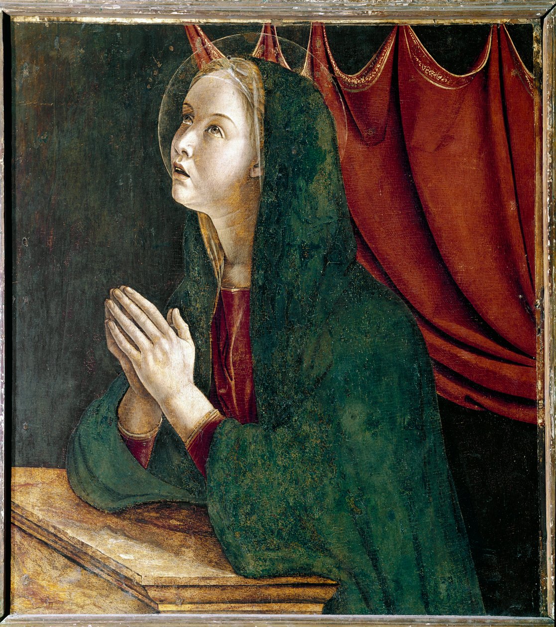 Saint Vincent Ferrierin polyptyykki: ilmestyksen neitsyt (Pyhä Vincent Ferrerin polyptyykki: ilmestyksen neitsyt) Giovanni Bellinin maalaus dit il Giambellinon (n. 1432-1516) 1464-1468 Dim 72x67 cm Santi Paicevanin kirkko Gioloo tekijältä Giovanni Bellini