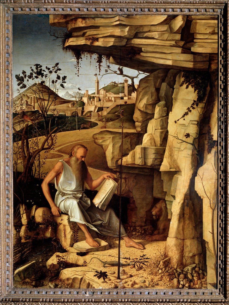 Pyhä Hieronymus autiomaassa Giovanni Bellinin maalaus dit il Giambellinon (n. 1430-1516) 1479 Koko 145x114 cm Palazzo Pitti Florence tekijältä Giovanni Bellini