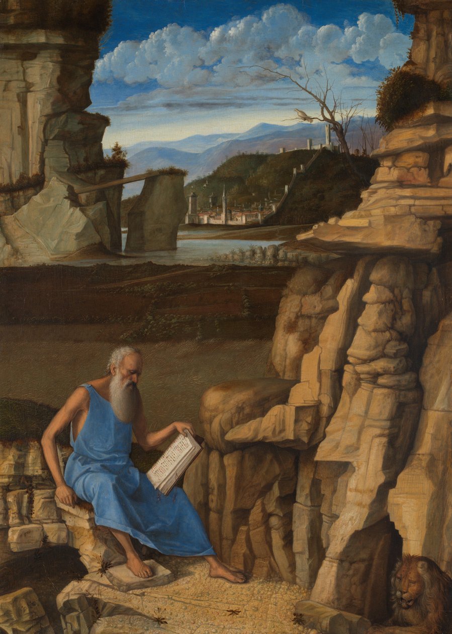 Pyhä Hieronymus lukemassa maisemassa tekijältä Giovanni Bellini