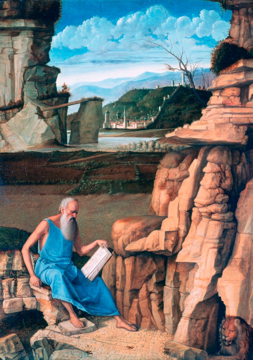 Pyhä Hieronymus lukemassa maisemassa, n. 1480-1485 tekijältä Giovanni Bellini