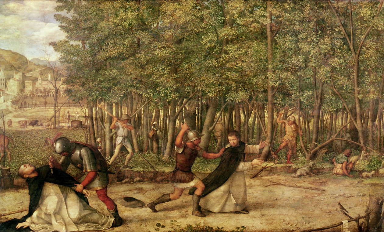 Pyhän Pietarin marttyyrin murha, 1507 (munatempera ja öljy puulle). tekijältä Giovanni Bellini