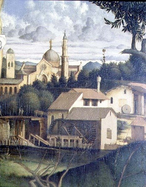 Ristiinnaulitseminen, arkkitehtuurin yksityiskohta taustalla (katso myös 87046, 87045, 87090) c.1505 (paneeli) tekijältä Giovanni Bellini