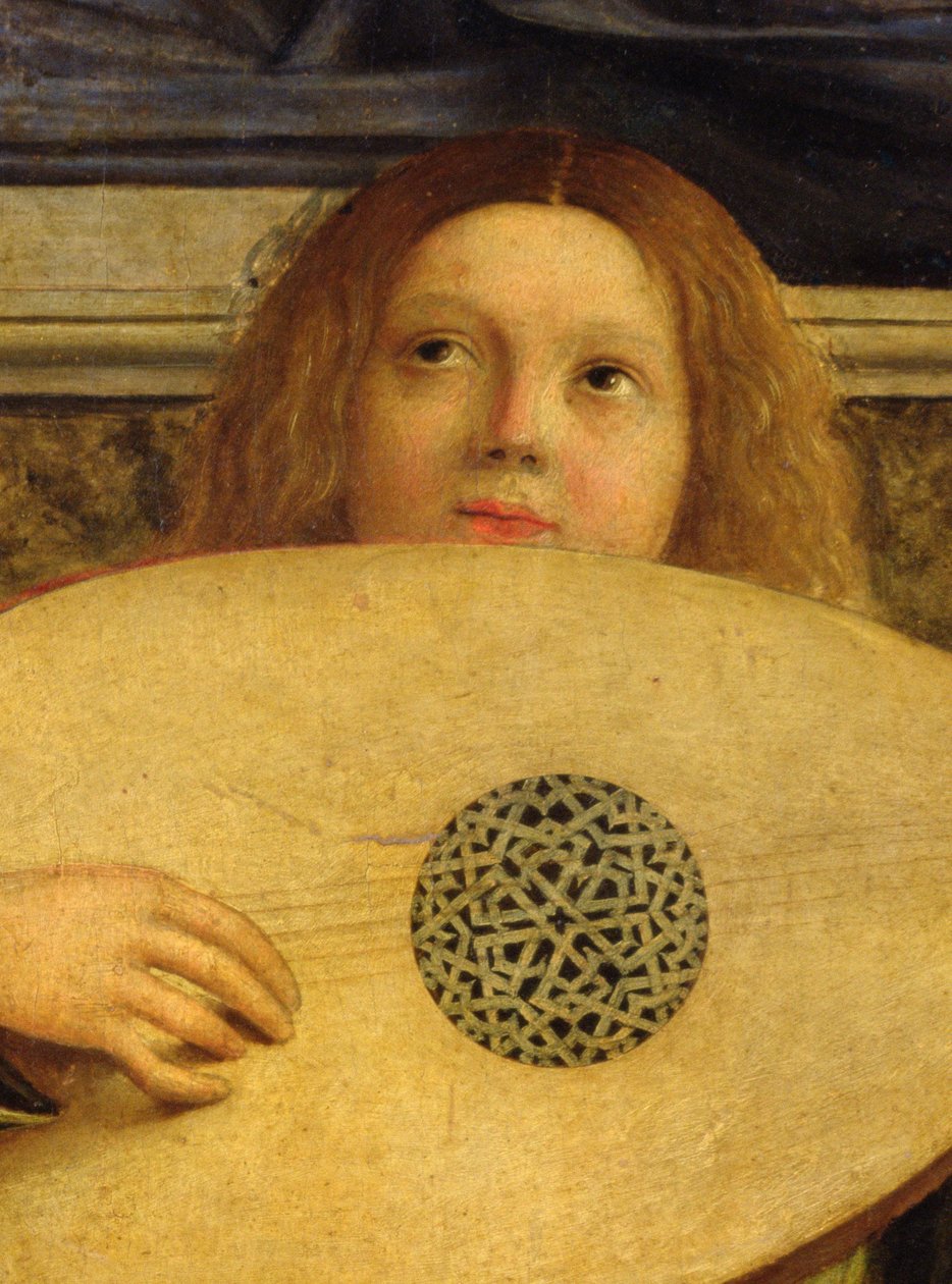 San Giobben alttaritaulu, yksityiskohta musiikkia soittavasta enkelistä, n. 1487 (öljy paneelille) (55433:n yksityiskohta) tekijältä Giovanni Bellini
