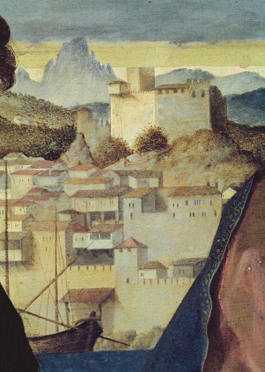Neitsyt ja lapsi Pyhän Johannes Kastajan ja naispyhimyksen välillä, yksityiskohta takana olevasta maisemasta, n. 1504 (yksityiskohta 161539) tekijältä Giovanni Bellini