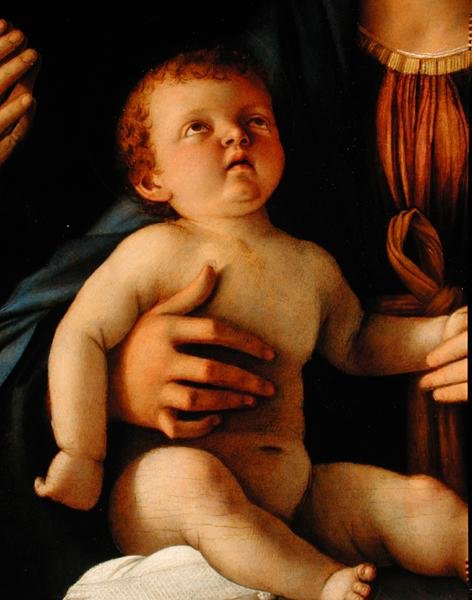 Neitsyt ja lapsi Pyhän Katariinan ja Maria Magdaleenan kanssa, n. 1500 (öljy paneelille) (yksityiskohta) tekijältä Giovanni Bellini