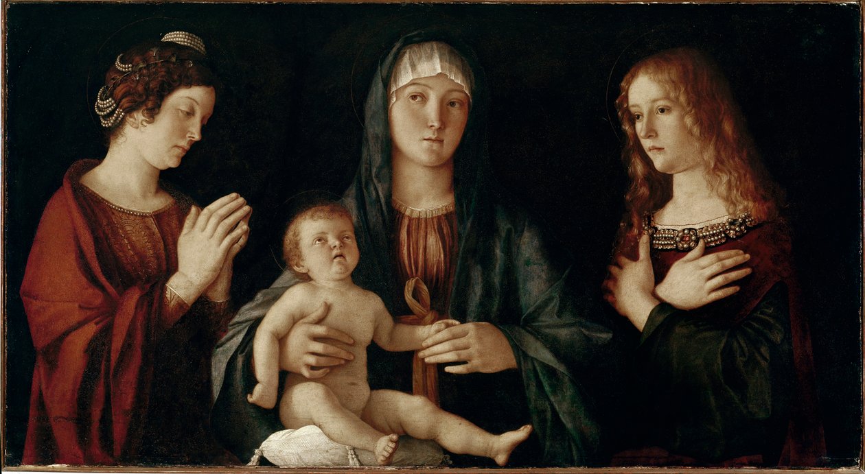 Neitsyt lapsen kanssa pyhän Katariinan ja pyhän Maria Magdaleenan kanssa (tempera paneelissa tekijältä Giovanni Bellini