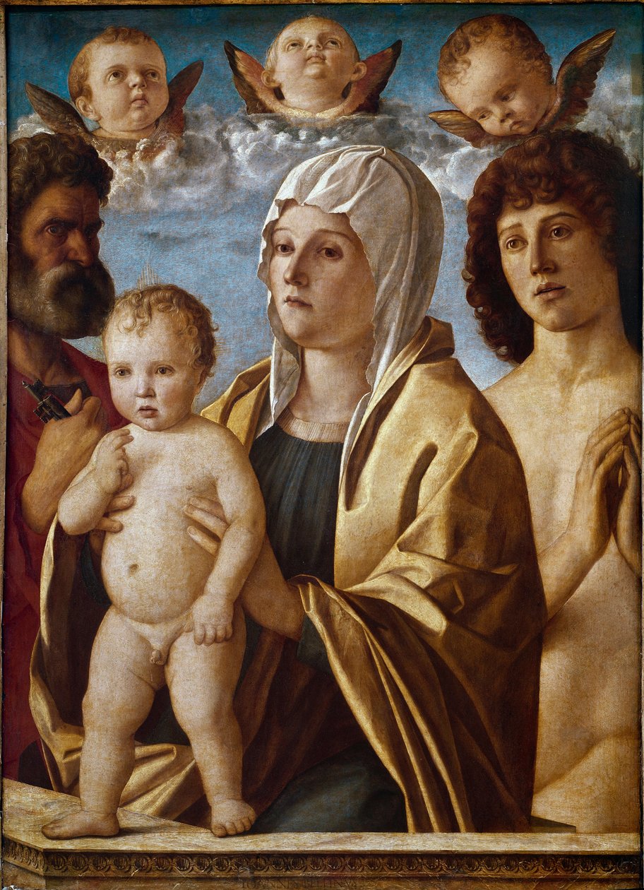 Neitsyt lapsen kanssa pyhän Pietarin ja pyhän Sebastianin kanssa (tempera paneelissa tekijältä Giovanni Bellini
