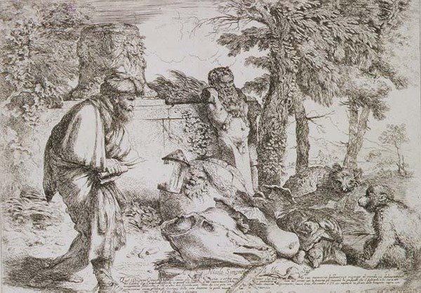 Diogenes etsii rehellistä miestä (etsaus) tekijältä Giovanni Benedetto Castiglione