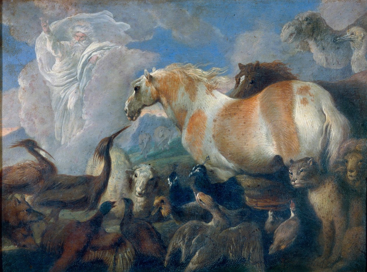 Luominen (Genesis). Giovanni Benedetto Castiglionen (1610-1665) maalaus öljy kankaalle, 1600-luvun puoliväli. italialainen taide (Genova) tekijältä Giovanni Benedetto Castiglione