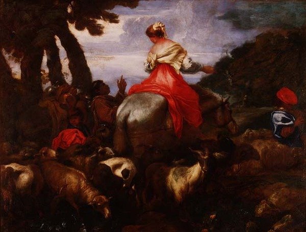 Rebekka Aabrahamin palvelijan johdattamana, noin 1650. tekijältä Giovanni Benedetto Castiglione