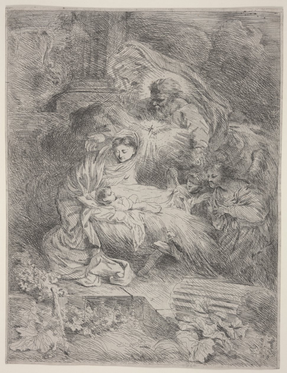 Syntymä Isä Jumala, Pyhän Hengen kyyhkynen ja enkelit, n. 1645 (etsaus) tekijältä Giovanni Benedetto Castiglione