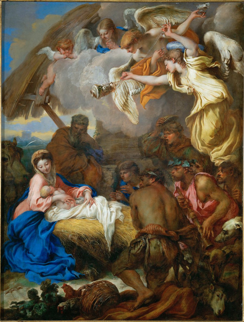 Paimenten palvonta (maalaus kankaalle) tekijältä Giovanni Benedetto (1609-64) Castiglione
