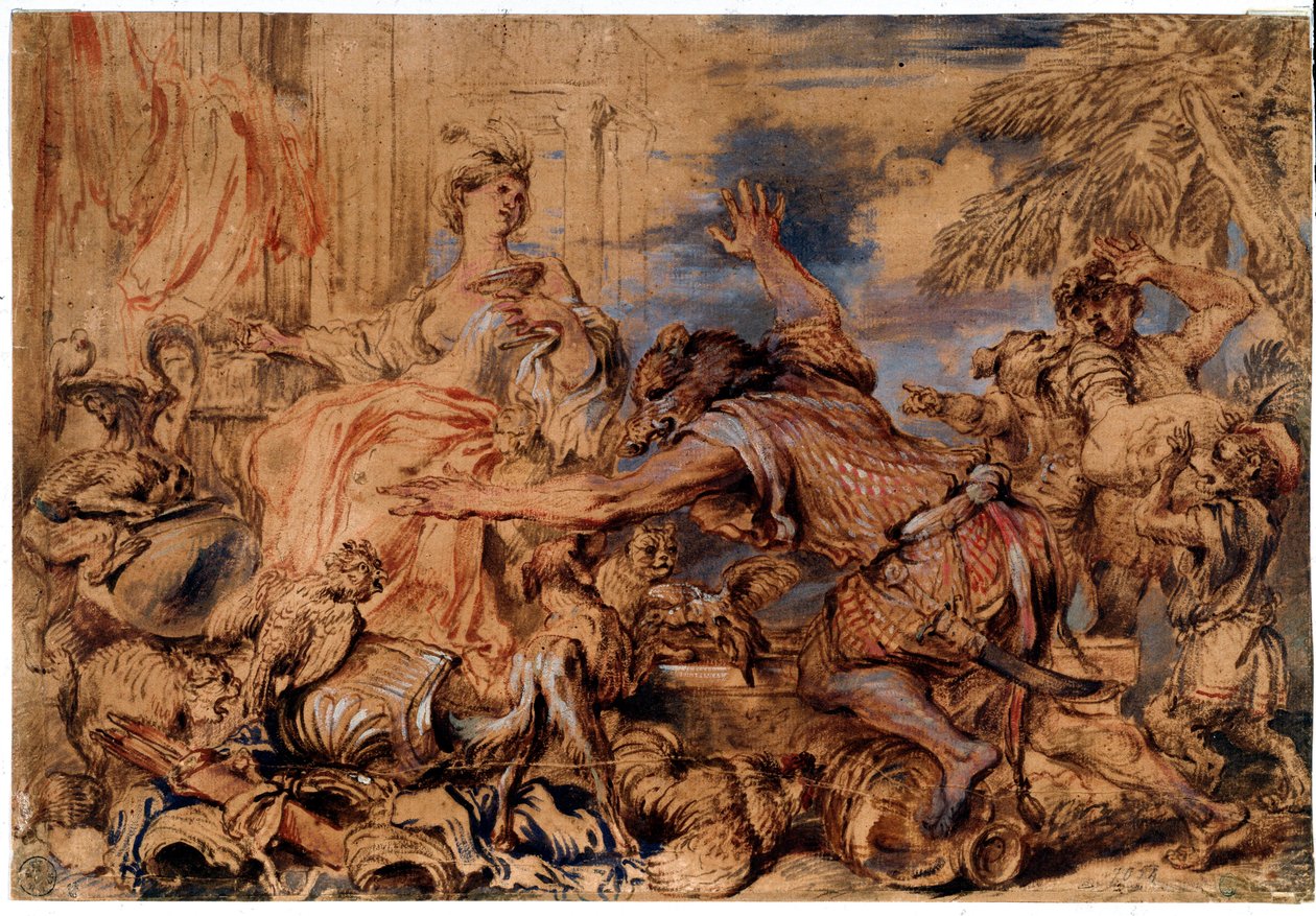 Homeroksen Odysseia: noita Circe ja Odysseuksen (Ulysses) seuralaiset muuttuivat sioksi - Piirustus tekijältä Giovanni Benedetto Castiglione