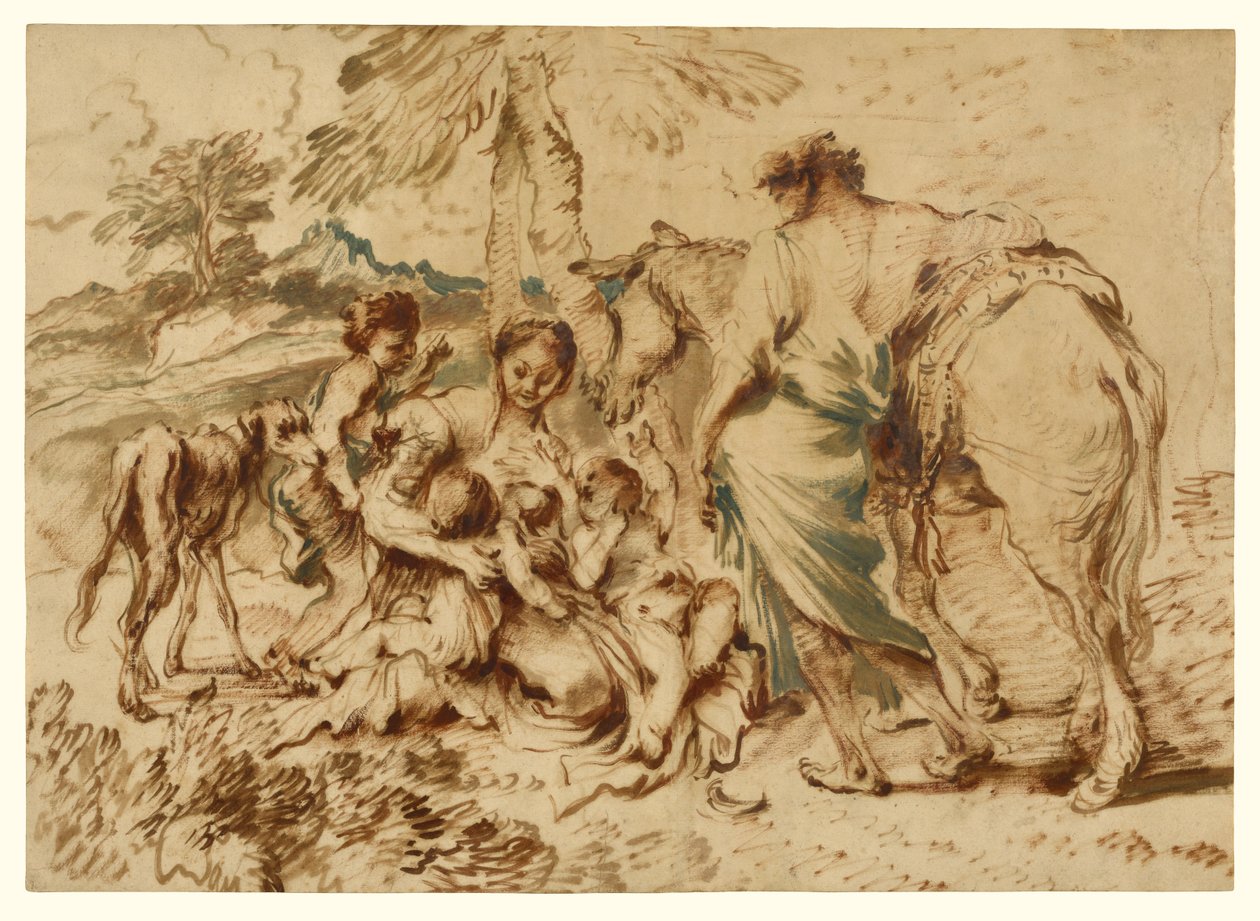 Eine Familie in einer Wüstenlandschaft tekijältä Giovanni Benedetto Castiglione