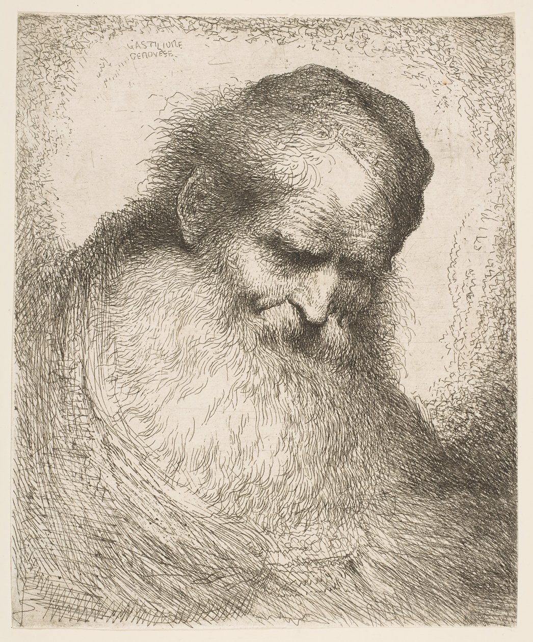 Parrakas mies, jolla on päällään hattu ja katsoo alas oikealle, sarjasta Heads in Or..., ca. 1648-50. tekijältä Giovanni Benedetto Castiglione