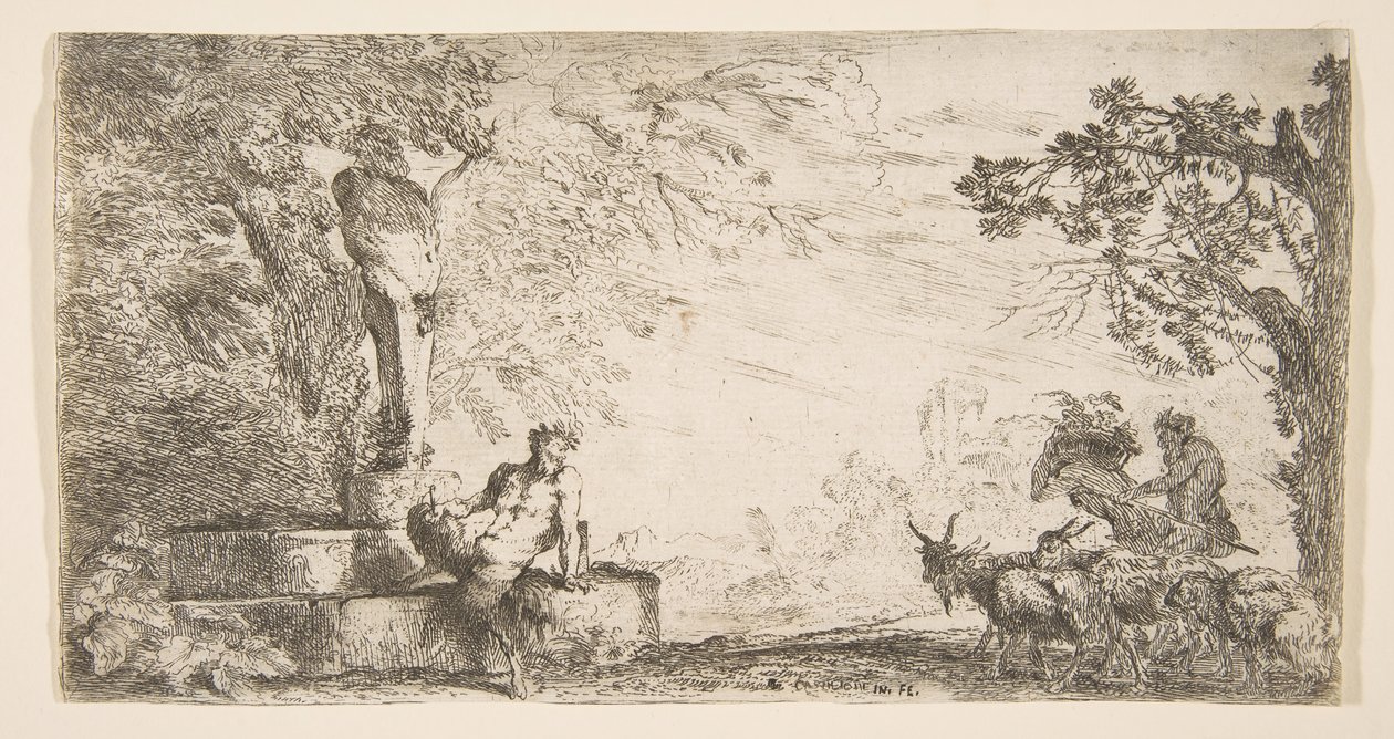 Satyyri makaamassa Priapuksen patsaan juurella, vuohet oikealla, n. 1645-48. tekijältä Giovanni Benedetto Castiglione