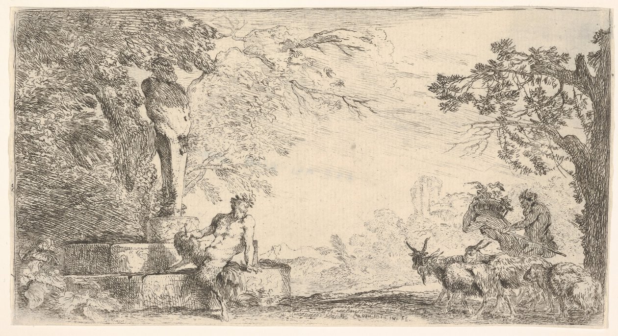 Satyyri makaamassa Priapuksen patsaan juurella, vuohet oikealla, n. 1645-48. tekijältä Giovanni Benedetto Castiglione