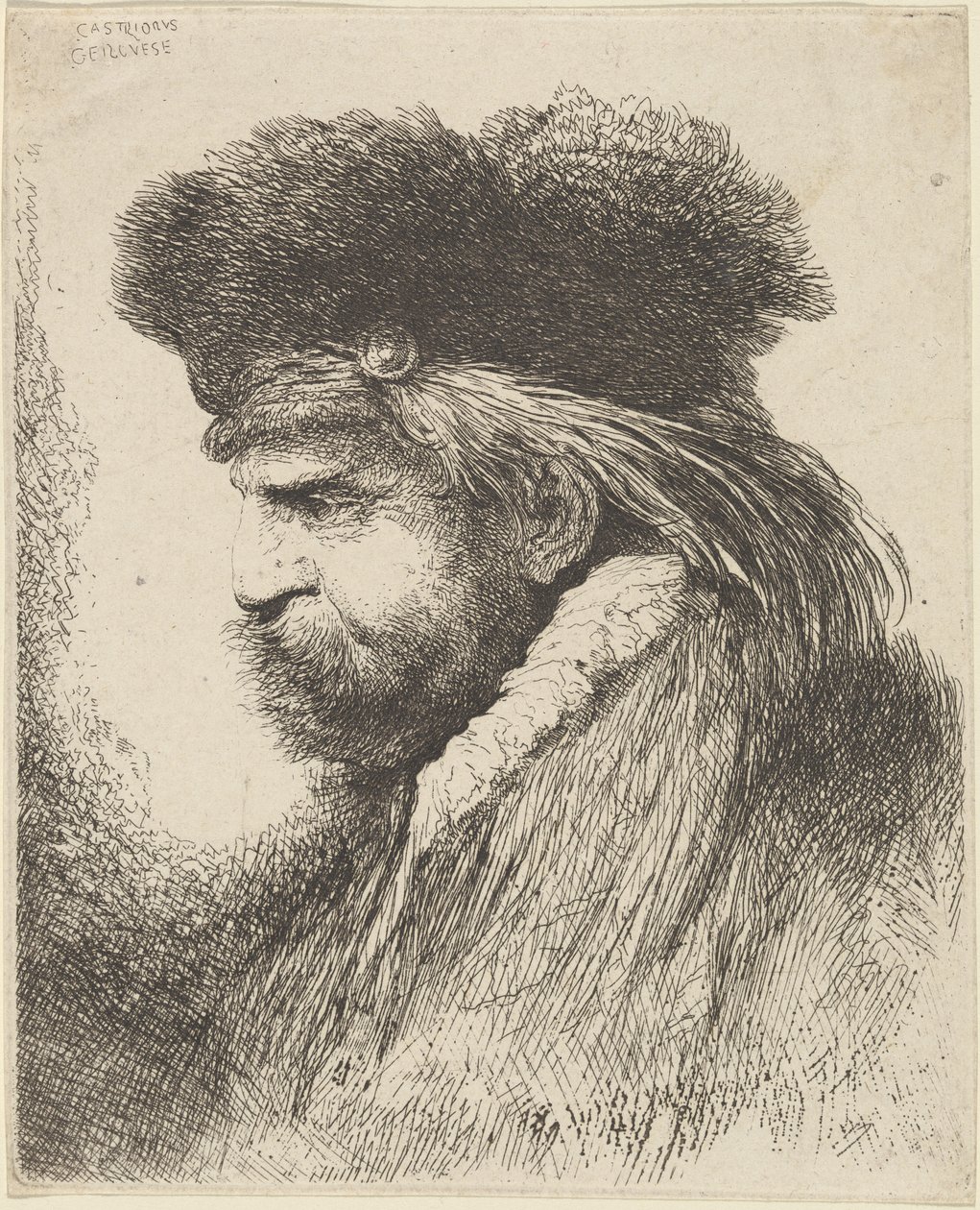 Parrakas mies turkislakissa, kasvot vasemmalle tekijältä Giovanni Benedetto Castiglione