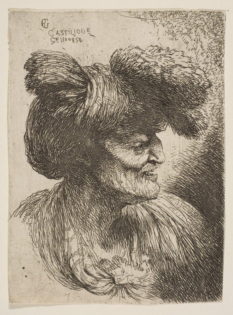 Parrattoman vanhan miehen rintakuva profiilissa oikealle, sarjasta Small Head..., n. 1645-1650. tekijältä Giovanni Benedetto Castiglione