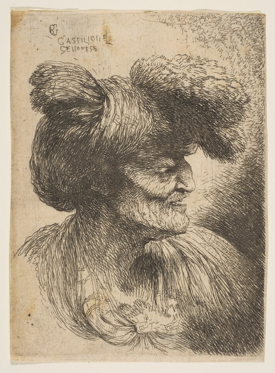 Parrattoman vanhan miehen rintakuva profiilissa oikealle, sarjasta Small Heads ..., n. 1645-50. tekijältä Giovanni Benedetto Castiglione