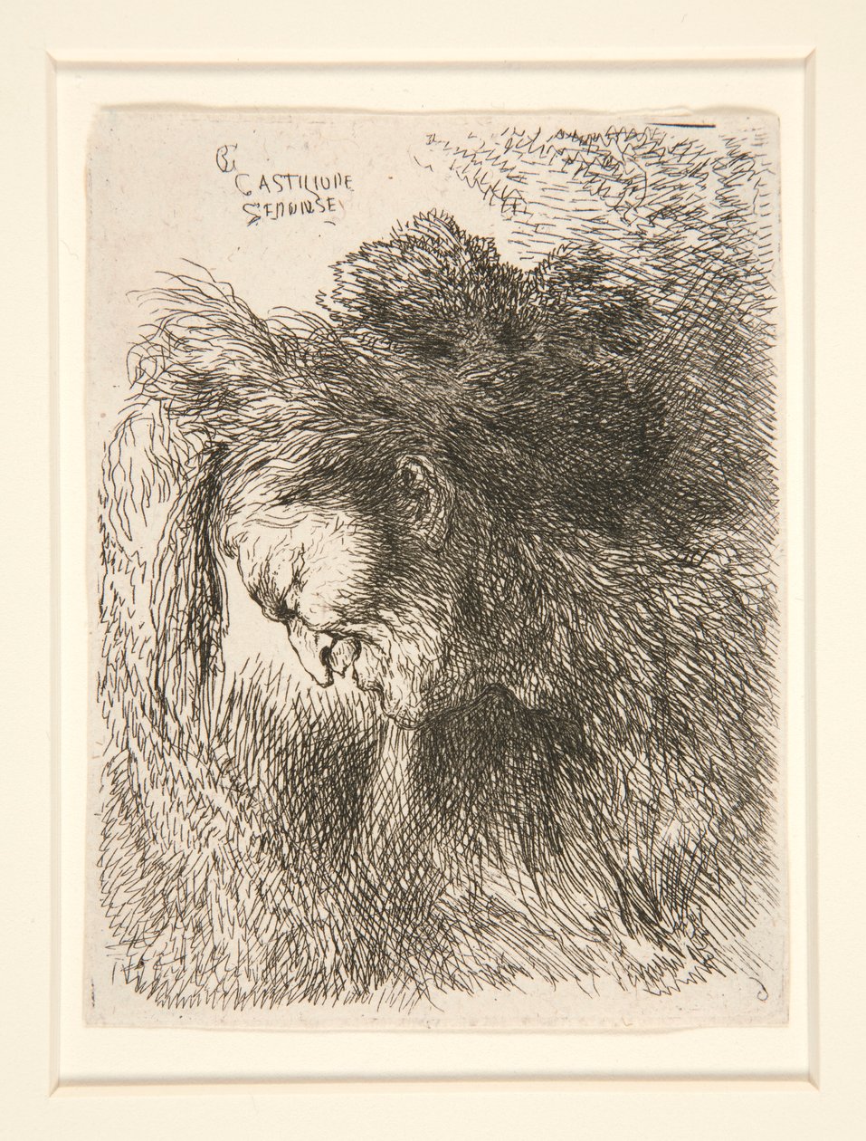 Figuuri, jolla on karvahattu, vasemmalle, sarjasta Small Studies of Heads tekijältä Giovanni Benedetto Castiglione