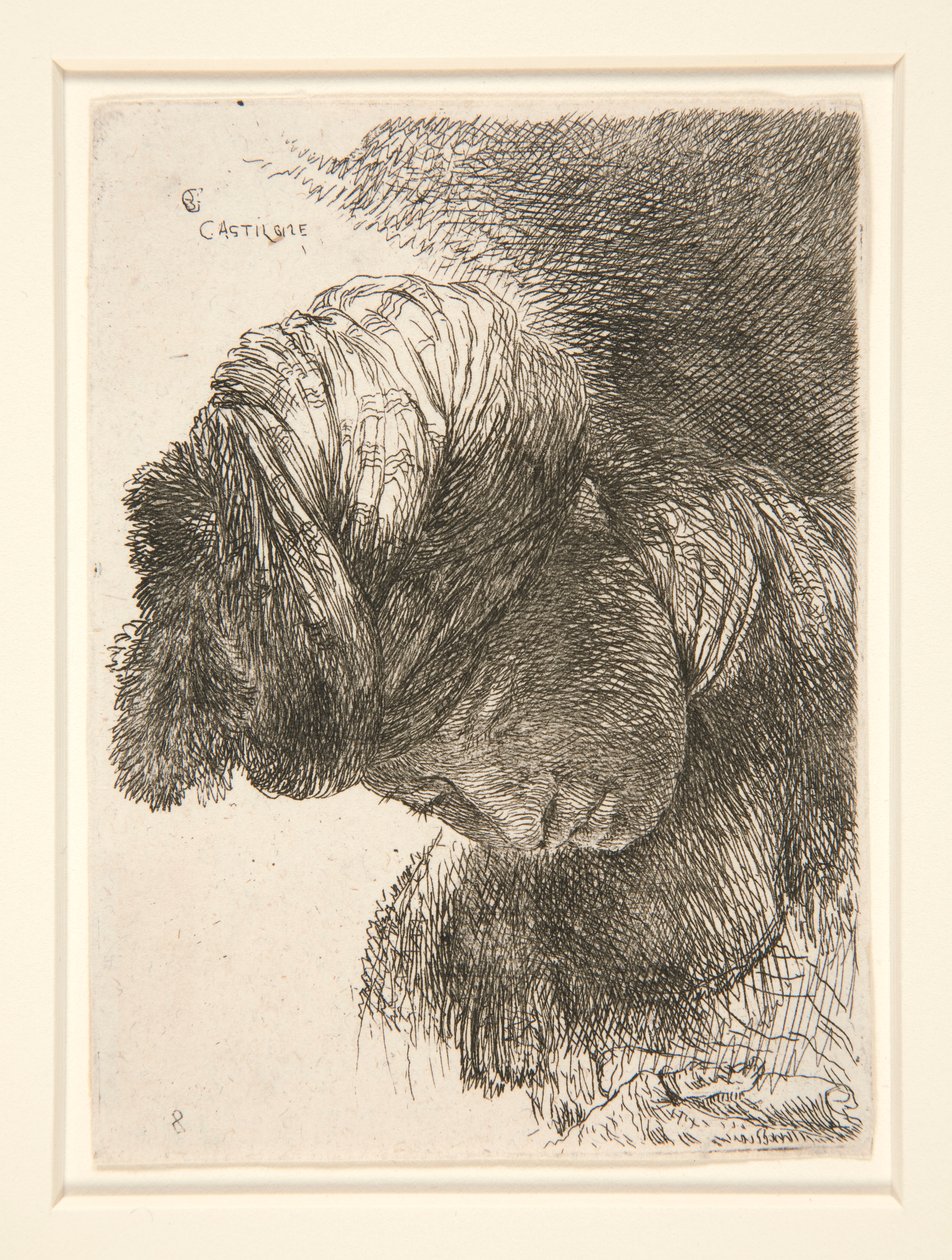 Figuuri, jonka pää on laskettu, sarjasta Small Studies of Heads tekijältä Giovanni Benedetto Castiglione