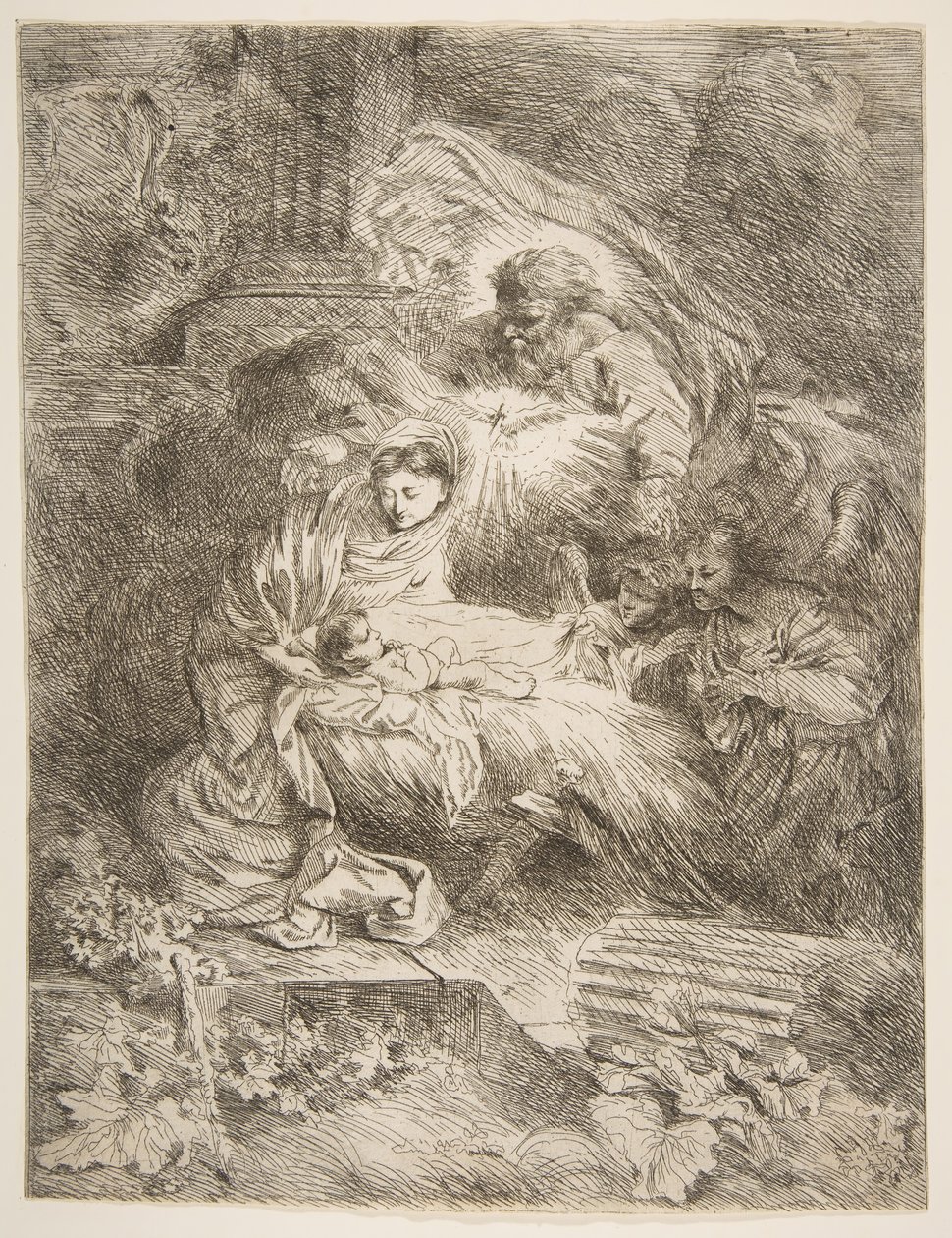 Isä Jumala tarkkailee Neitsyttä ja lasta, enkelit oikealla, n. 1645-47. tekijältä Giovanni Benedetto Castiglione