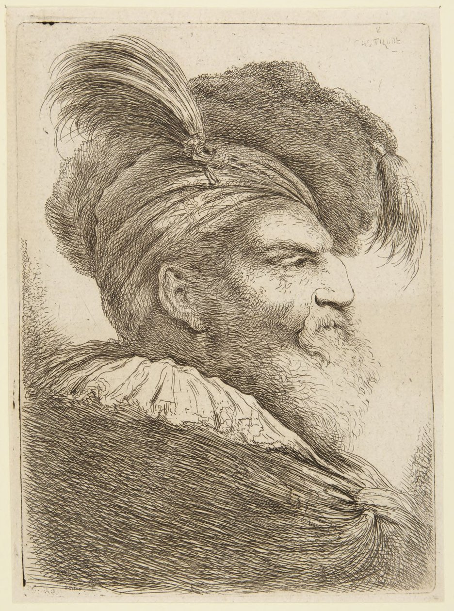 Partaisen miehen pää sulkahatulla tekijältä Giovanni Benedetto Castiglione