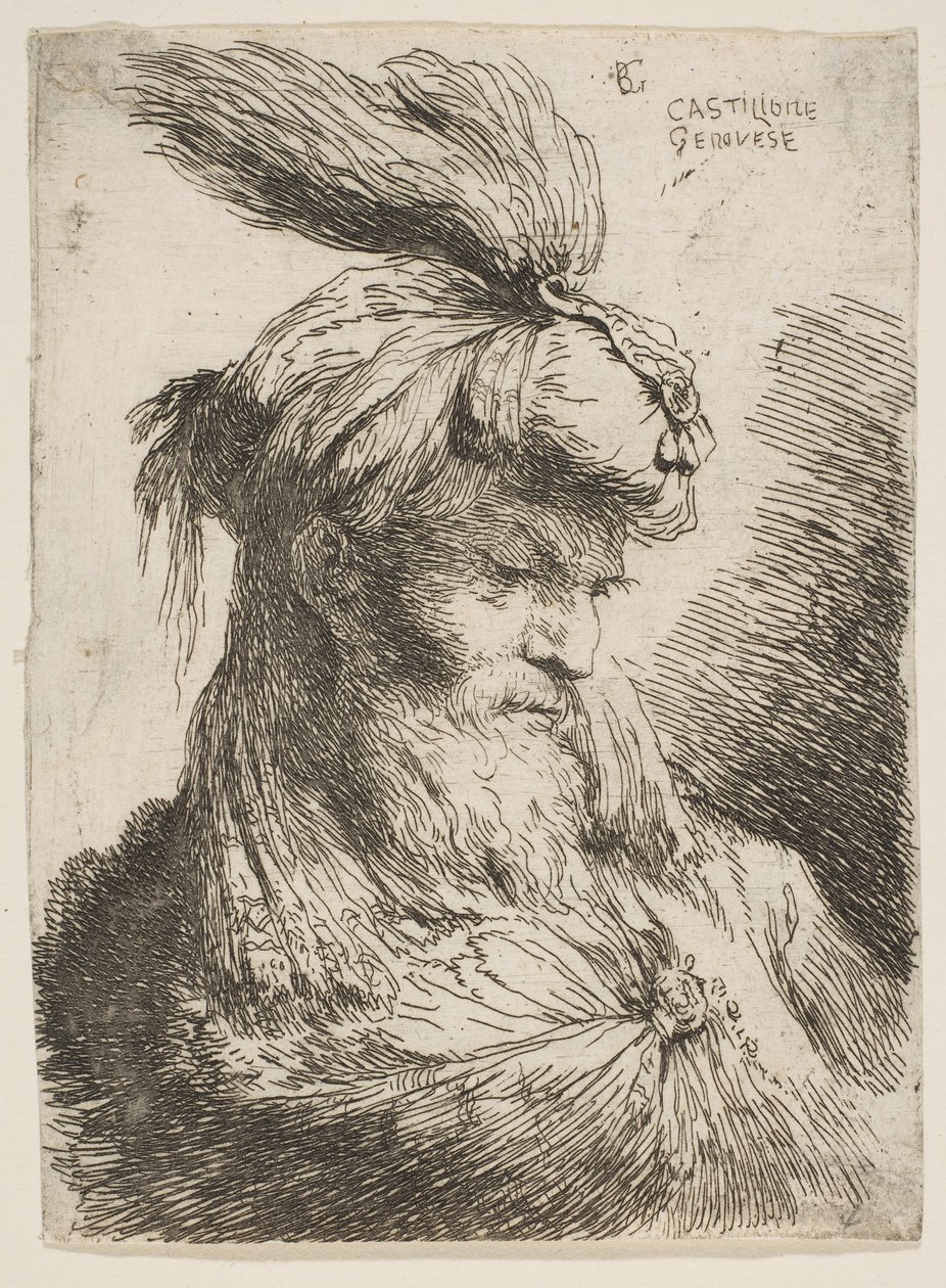 Parrakkaan miehen pää, jolla on turbaani oikealle, sarjasta Small Heads..., n. 1645-1650. tekijältä Giovanni Benedetto Castiglione