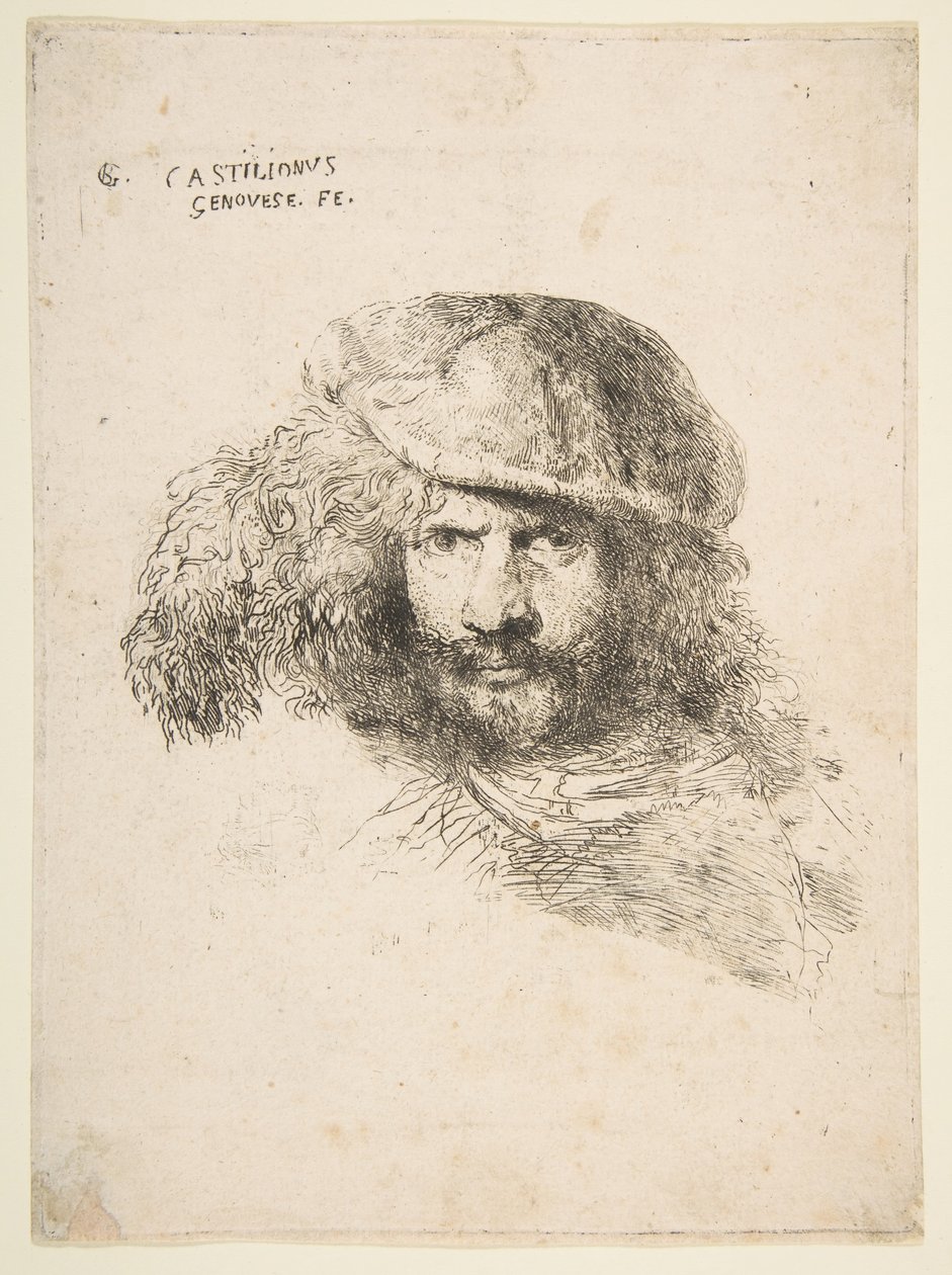 Miehen pää, jolla on höyhenhattu, mahdollisesti Bernini, mahdollisesti omakuva..., n. 1645-1650. tekijältä Giovanni Benedetto Castiglione