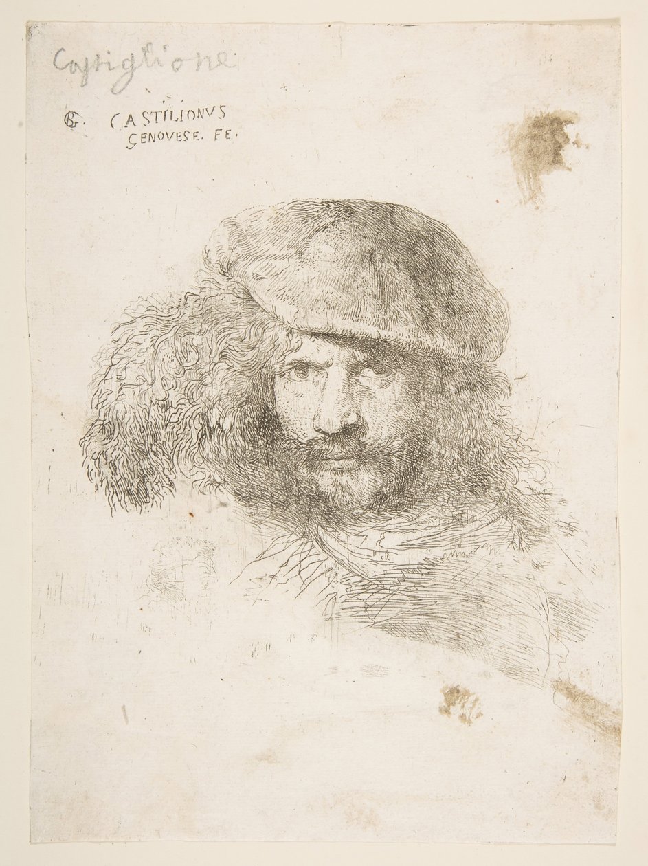 Miehen pää, jolla on höyhenhattu, mahdollisesti Bernini, mahdollisesti omakuva..., n. 1645-1650. tekijältä Giovanni Benedetto Castiglione