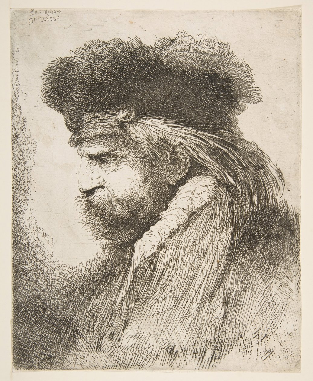 Vanhan miehen pää vasemmalle päin, sarjasta Large Oriental Heads, n. 1645-50. tekijältä Giovanni Benedetto Castiglione