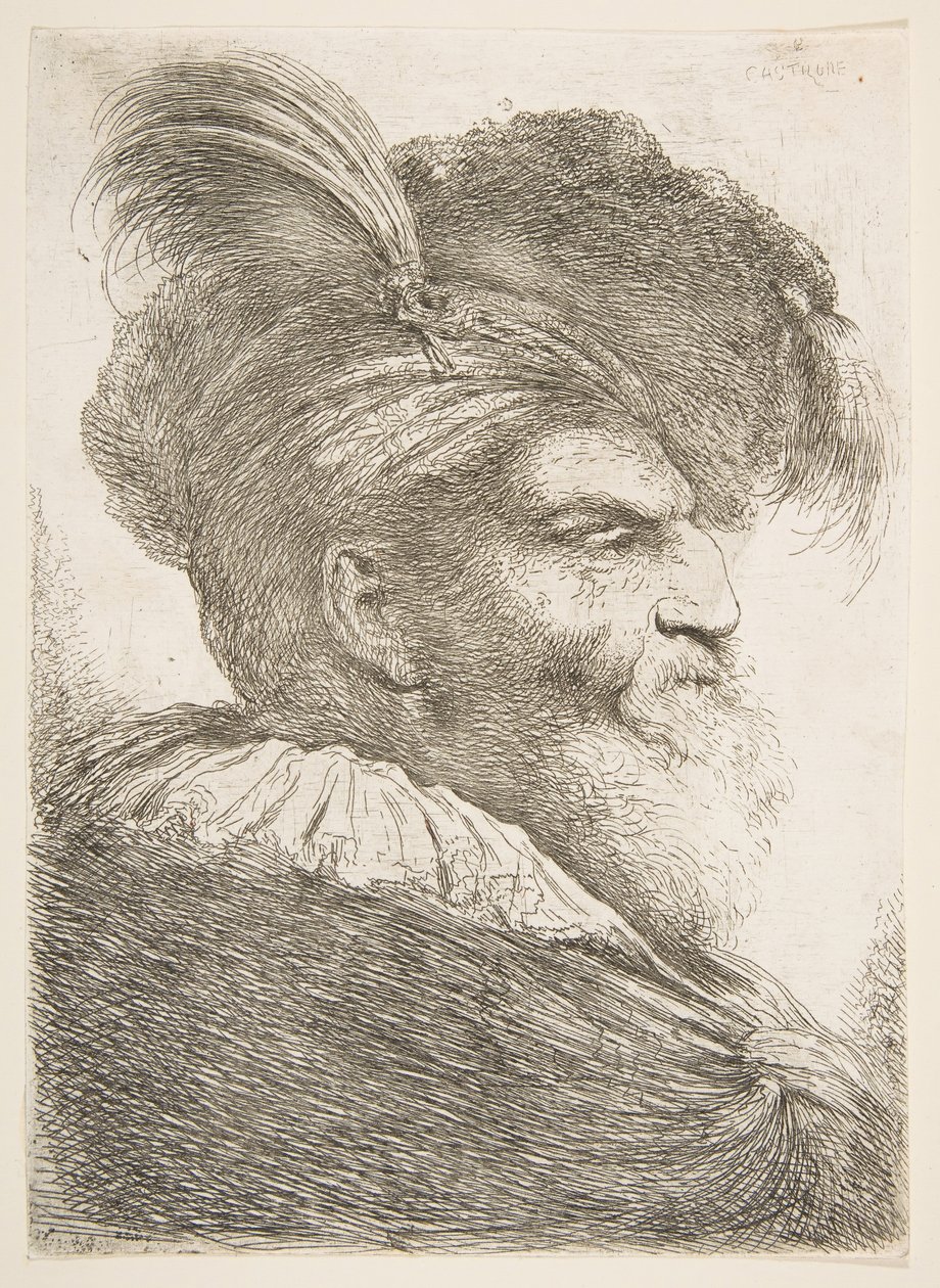 Vanhan miehen pää oikealle päin, sarjasta Large Oriental Heads, n. 1645-1650. tekijältä Giovanni Benedetto Castiglione