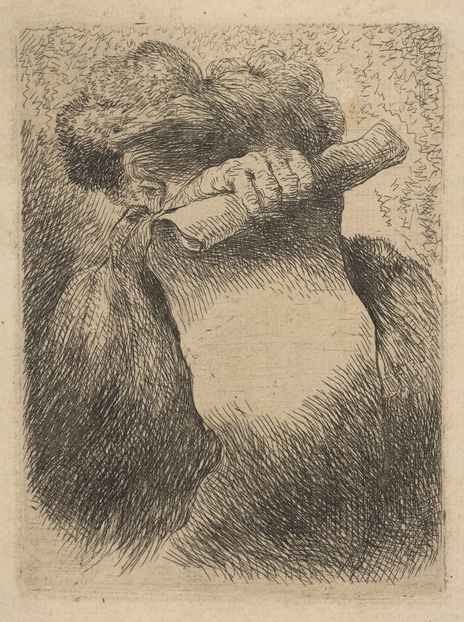 Mies pitelee kirjakääröä kasvojensa edessä sarjasta Small Heads in Orien..., noin. 1645-50. tekijältä Giovanni Benedetto Castiglione