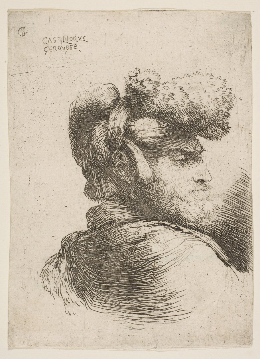 Mies profiilissa oikealle päin, karvahattu yllään, sarjasta Small Heads in Or..., ca. 1645-1650. tekijältä Giovanni Benedetto Castiglione
